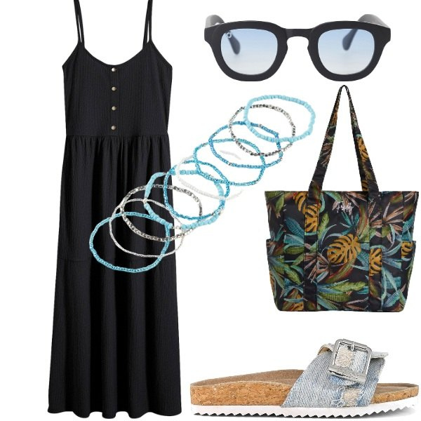 Outfit donna - Estate. Stile Casual per Tutti i giorni. Abbinamento con vestiti, braccialetti, occhiali da sole, shopping bag, sandali.