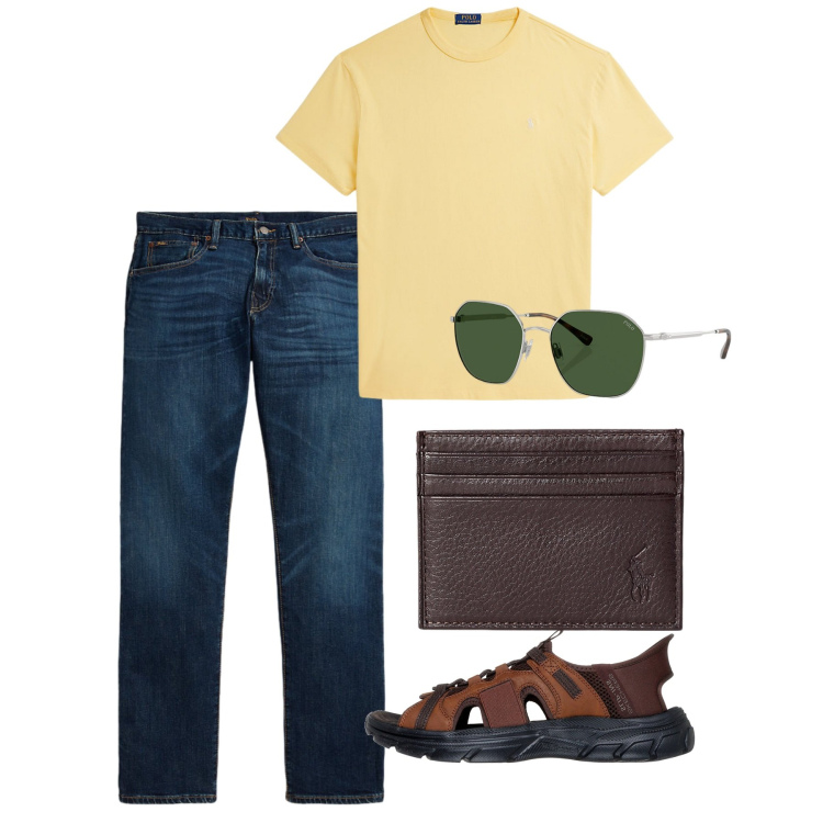 Outfit uomo - Giallo delicato. Stile Casual per Tutti i giorni. Abbinamento con portafogli, occhiali da sole, t-shirt, jeans dritti, sandali.