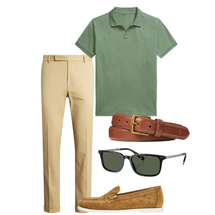 Outfit uomo - Elegante in casual. Stile Casual per Tutti i giorni. Abbinamento con cinture, occhiali da sole, pantaloni chino, scarpe stringate, polo.