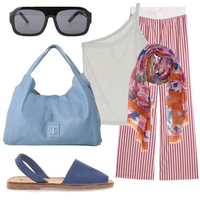 Outfit donna - Abbigliamento da viaggio. Stile Casual per Tutti i giorni. Abbinamento con pantaloni a palazzo, occhiali da sole, top, pochette, sandali, sciarpe.