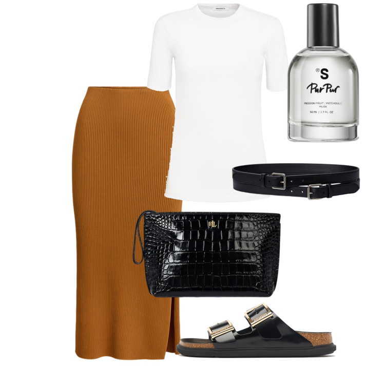 Outfit donna - Agosto midi. Stile Chic per Tutti i giorni. Abbinamento con profumi, cinture, pochette, gonne, t-shirt, sandali in pelle.
