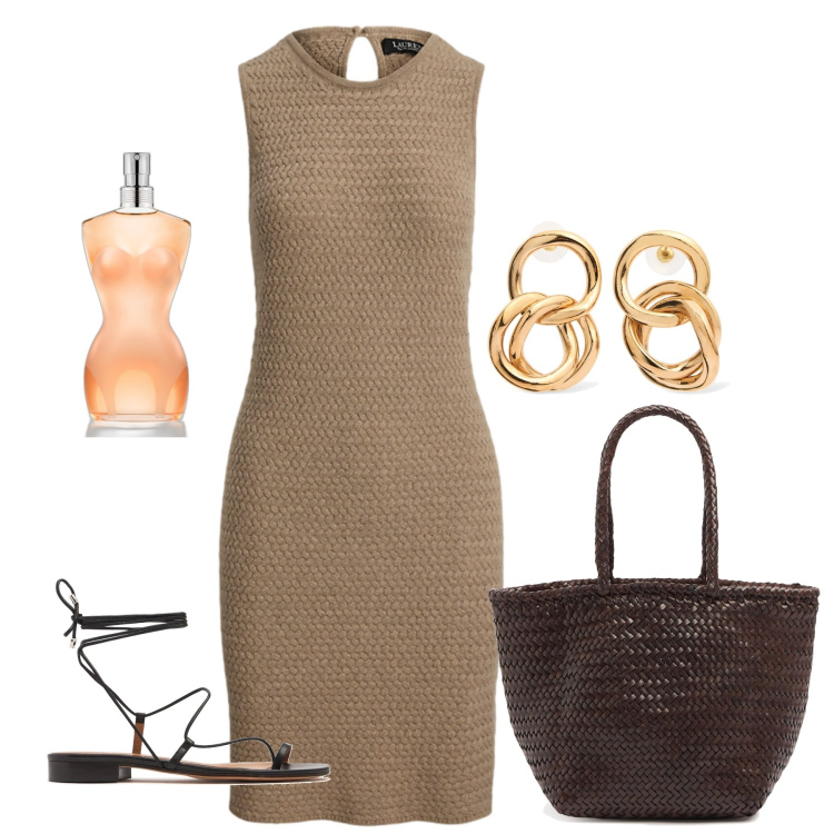Outfit donna - Minimal e sexy. Stile Minimal per Tutti i giorni. Abbinamento con profumi, vestiti senza maniche, borse a secchiello, orecchini, sandali in pelle.