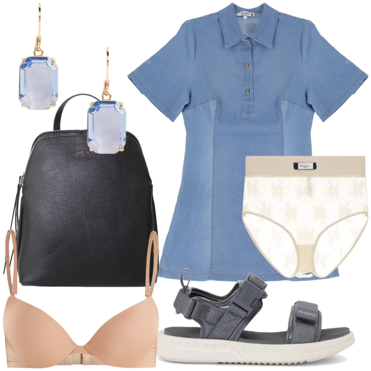 Outfit donna - Sandali comodi per breve vacanza. Stile Casual chic per Tutti i giorni. Abbinamento con sandali, reggiseni push-up, vestiti corti, slip, zaini, orecchini.