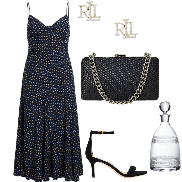 Outfit donna - Una serata con sandali chic. Stile Bon Ton per Serata fuori. Abbinamento con vestiti senza maniche, orecchini, clutch, orologi, sandali in pelle.