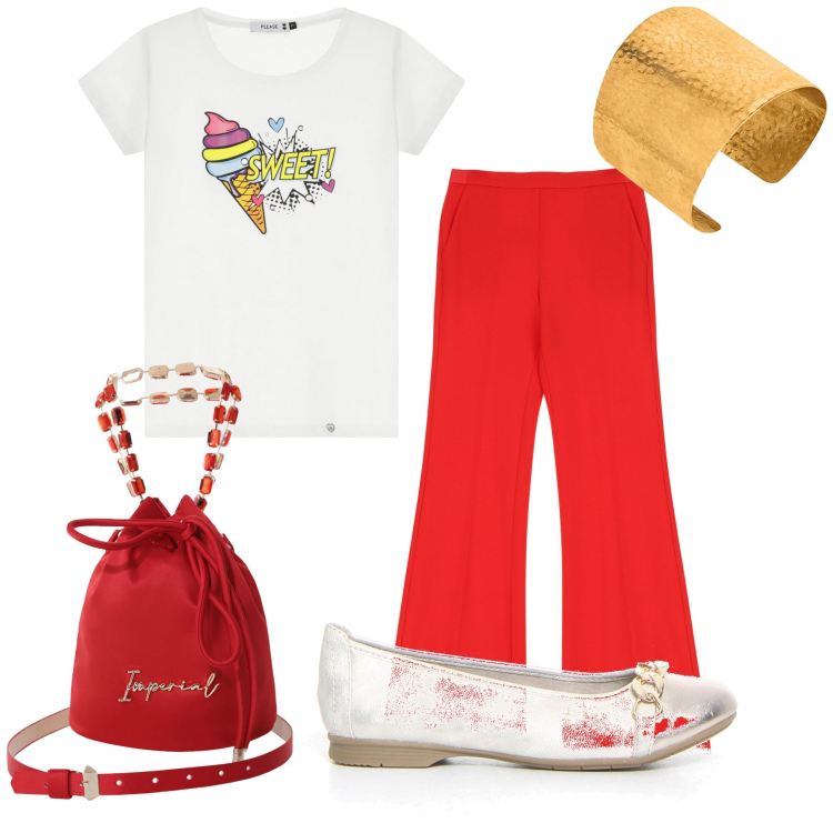 Outfit donna - Gelato con amici. Stile Basic per Tutti i giorni. Abbinamento con t-shirt, borse a secchiello, pantaloni, braccialetti, ballerine.