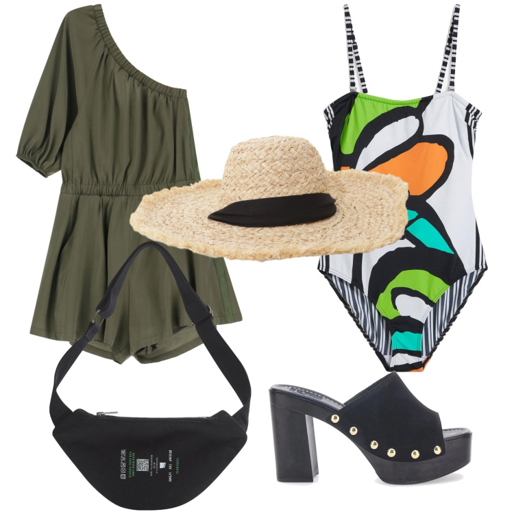 Outfit donna - In spiaggia in zoccoli. Stile Trendy per Mare. Abbinamento con costumi interi, marsupi, tute, cappelli, zoccoli.