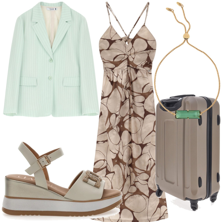 Outfit donna - Un blazer per viaggiare. Stile Bon Ton per Tutti i giorni. Abbinamento con blazer, vestiti lunghi, braccialetti, valigie, sandali in pelle.