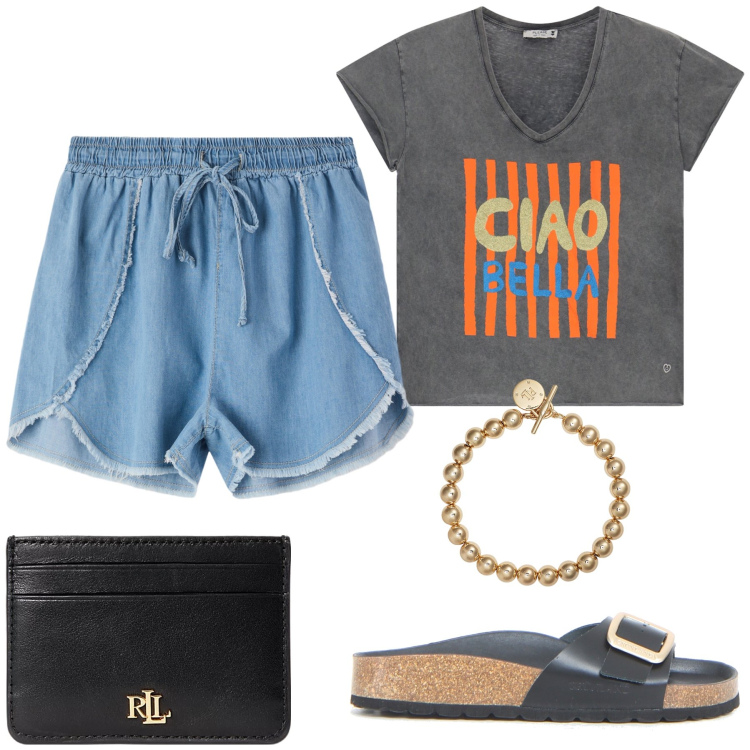 Outfit donna - Bella in casa. Stile Basic per Tutti i giorni. Abbinamento con shorts, t-shirt, braccialetti, portafogli, ciabatte.