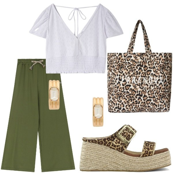 Outfit donna - E siamo in Agosto....... Stile Casual per Tutti i giorni. Abbinamento con bluse, borse tote, pantaloni, orecchini, zeppe.