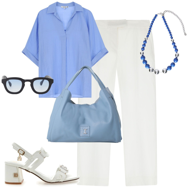 Outfit donna - Urban agosto. Stile Urban per Tutti i giorni. Abbinamento con camicie a manica corta, occhiali da sole, pochette, pantaloni, sandali col tacco, collane.