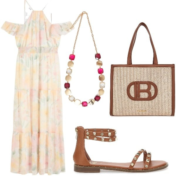 Outfit donna - Di sera ad Agosto. Stile Casual per Serata fuori. Abbinamento con vestiti lunghi, sandali, borse a spalla, collane.