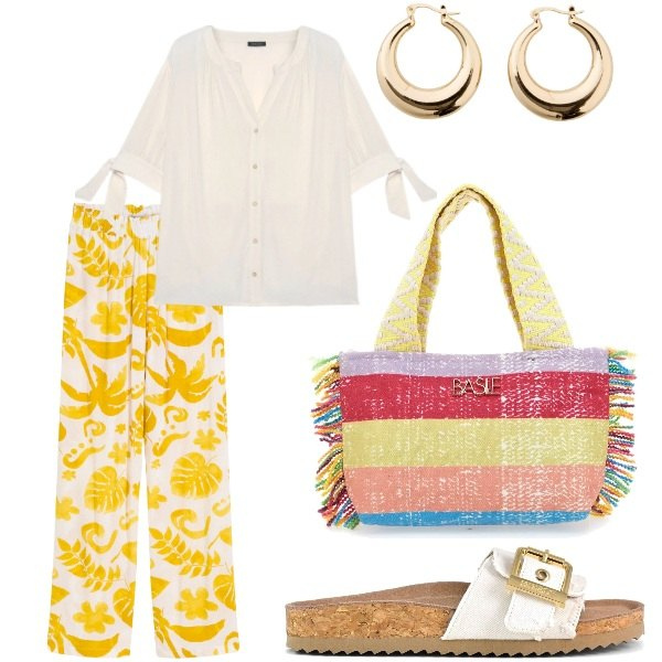 Outfit donna - Estate. Stile Casual per Tutti i giorni. Abbinamento con pantaloni, orecchini, sandali, camicie, pochette.