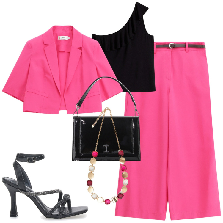 Outfit donna - Cerimonia. Stile Chic per Cerimonia. Abbinamento con top, pantaloni, blazer, borse a tracolla, collane, sandali col tacco.