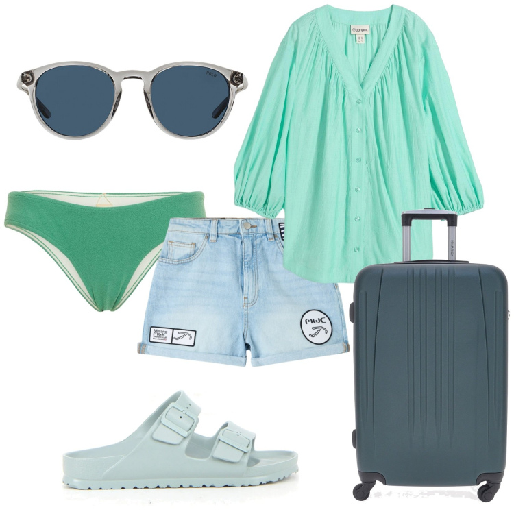 Outfit donna - Finalmente. Stile Casual per Tutti i giorni. Abbinamento con camicie, shorts, occhiali da sole, bikini, ciabatte, valigie.
