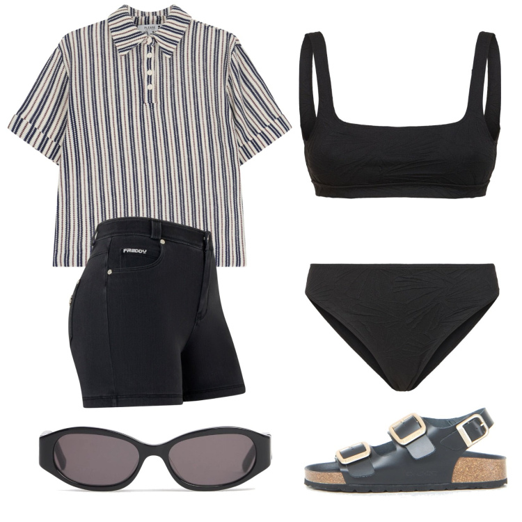 Outfit donna - Total look #2216599. Stile Trendy per Mare. Abbinamento con t-shirt, shorts, sandali, occhiali da sole, bikini, bikini.