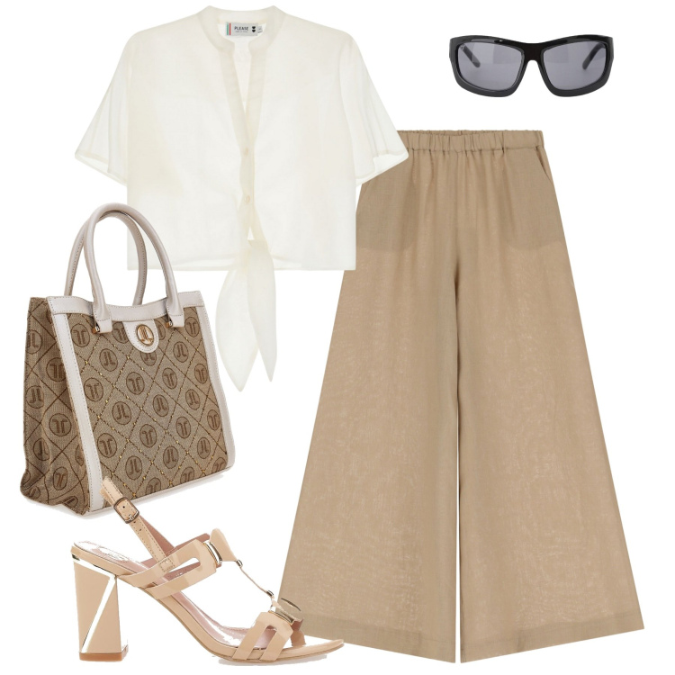 Outfit donna - Agosto. Stile Urban per Tutti i giorni. Abbinamento con camicie a manica corta, pantaloni, occhiali da sole, sandali, borse a spalla.