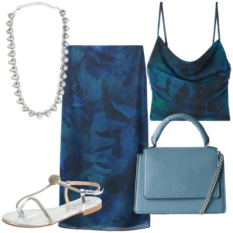 Outfit donna - Eleganza estiva. Stile Chic per Serata fuori. Abbinamento con gonne lunghe, canottiere, borse a tracolla, ciabatte, collane.