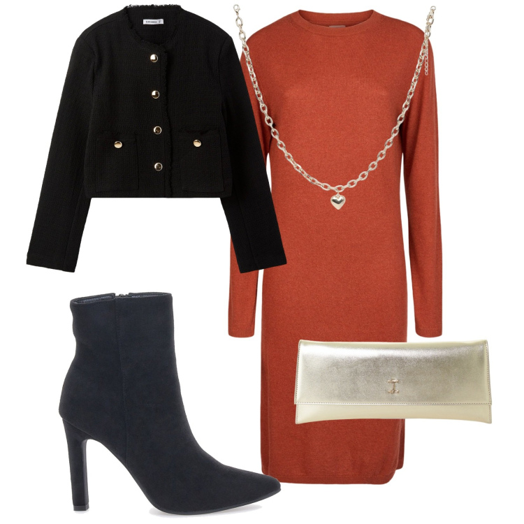 Outfit donna - Total look #2216612. Stile Casual chic per Serata fuori. Abbinamento con collane, blazer, pochette, stivaletti, vestiti.