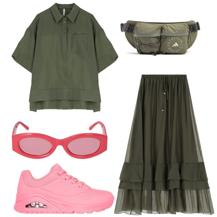 Outfit donna - Eleganza metropolitana. Stile Military per Ufficio. Abbinamento con camicie a manica corta, gonne lunghe, sneakers, occhiali da sole, marsupi.