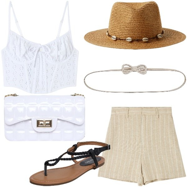 Outfit donna - Terranova Vacanze in Riviera. Stile Casual chic per Tutti i giorni. Abbinamento con bermuda, cinture, ciabatte, top, cappelli, borse a tracolla.