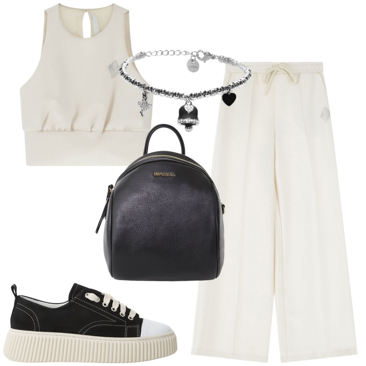 Outfit donna - Imperial. Stile Casual chic per Tutti i giorni. Abbinamento con top, sneakers, pantaloni, zaini, braccialetti.