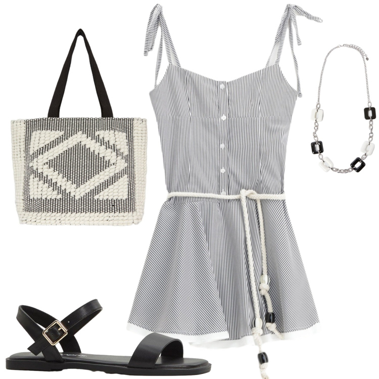 Outfit donna - Al mare. Stile Casual chic per Mare. Abbinamento con sandali, vestiti, shopping bag, collane.