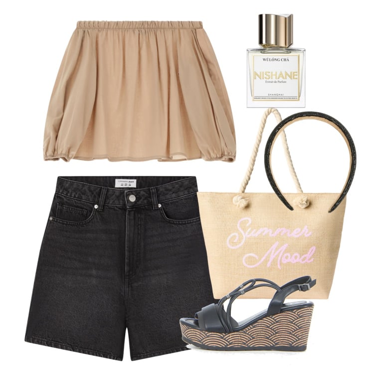 Outfit donna - La camicia Bardot. Stile Casual per Tutti i giorni. Abbinamento con profumi, bermuda, borse tote, cerchietti, camicie, sandali in pelle.