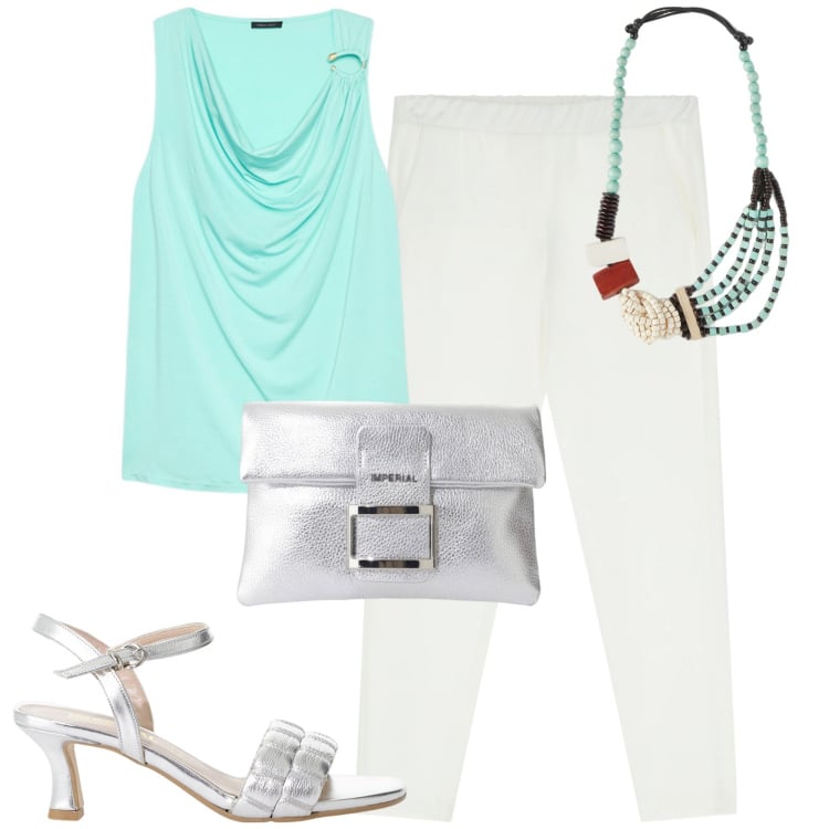 Outfit donna - Da mattina a sera. Stile Minimal per Tutti i giorni. Abbinamento con sandali col tacco, pochette, pantaloni, top, collane.
