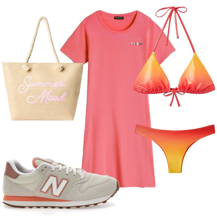 Outfit donna - Total look #2216633. Stile Basic per Mare. Abbinamento con bikini, bikini, borse tote, vestiti corti, sneakers.