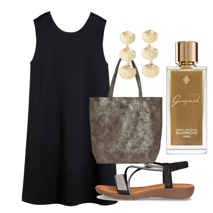 Outfit donna - Minimal chic. Stile Chic per Serata fuori. Abbinamento con vestiti corti, profumi, shopping bag, orecchini, sandali in pelle.