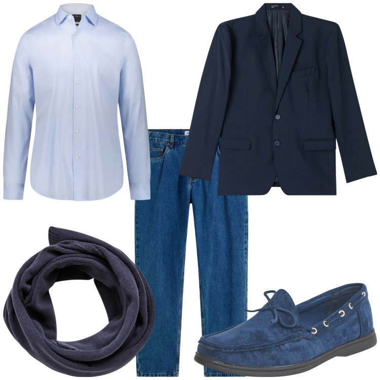 Outfit uomo - Total look #2216635. Stile Casual per Serata speciale. Abbinamento con jeans dritti, scarpe stringate, giacche, sciarpe, camicie.