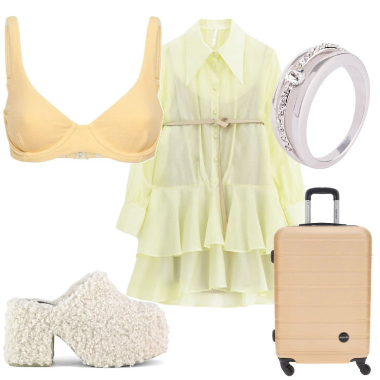 Outfit donna - Total look #2216637. Stile Trendy per Mare. Abbinamento con anelli, vestiti corti, sabot, valigie, bikini.