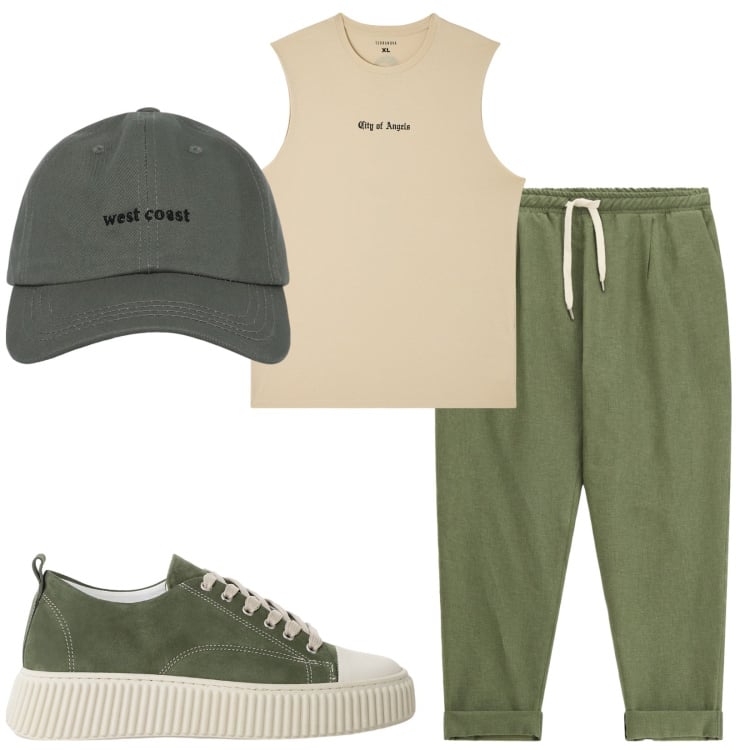 Outfit uomo - Total look #2216638. Stile Urban per Sport. Abbinamento con canottiere, cappelli con visiera, pantaloni, sneakers.