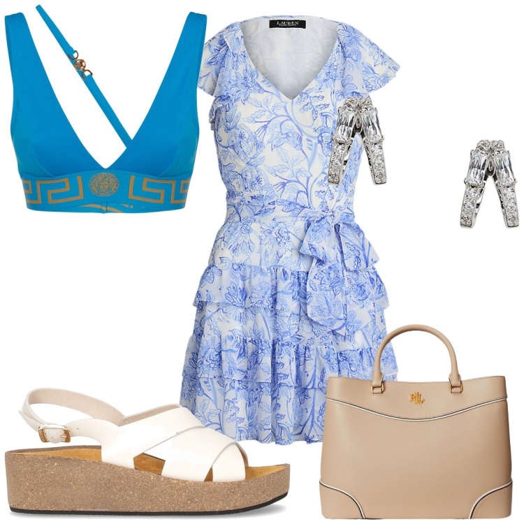 Outfit donna - Total look #2216639. Stile Romantica per Mare. Abbinamento con orecchini, vestiti, borse a mano, sandali, bikini.