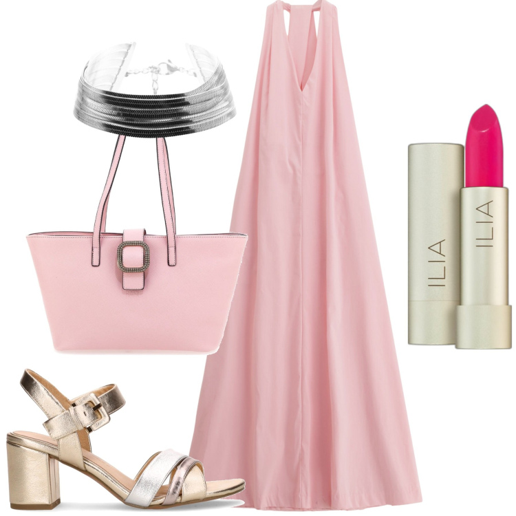 Outfit donna - Agosto. Stile Minimal per Tutti i giorni. Abbinamento con rossetti, vestiti, braccialetti, borse a spalla, sandali col tacco.
