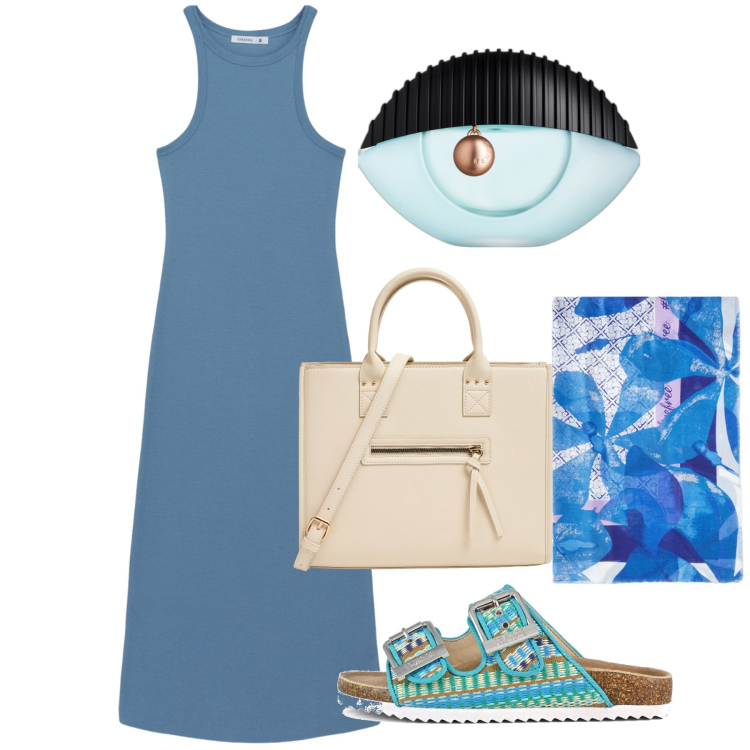 Outfit donna - Agosto. Stile Chic per Tutti i giorni. Abbinamento con profumi, vestiti lunghi, shopping bag, stole, sandali.