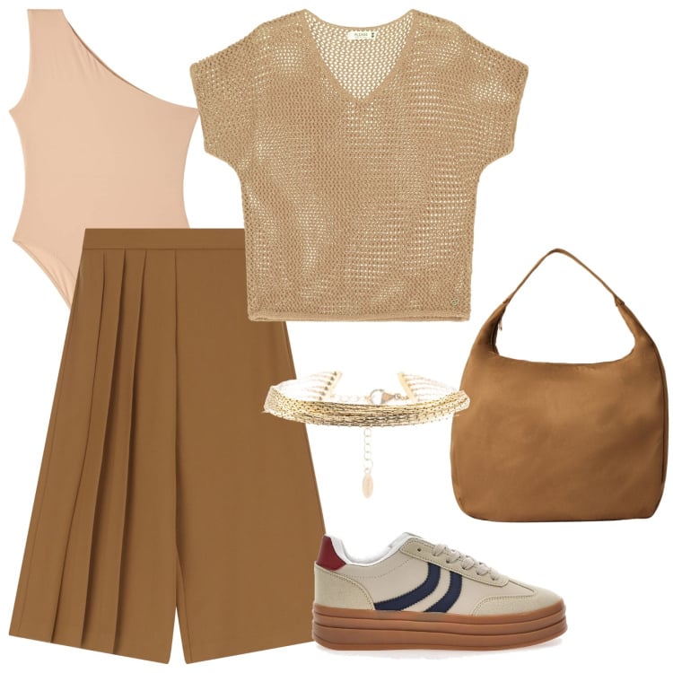 Outfit donna - Per chi ama distinguersi. Stile Casual per Ufficio. Abbinamento con borse a mano, body, maglieria, pantaloni, braccialetti, sneakers.