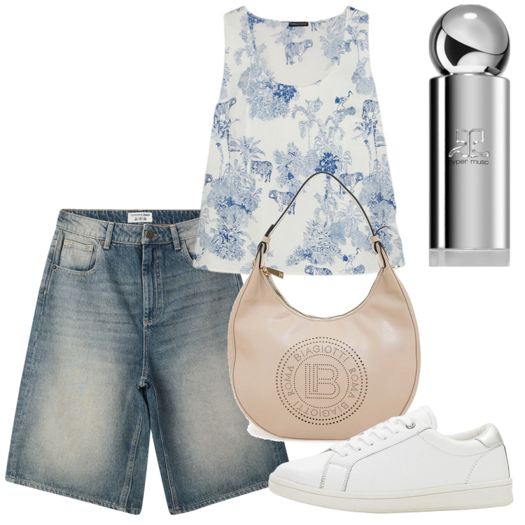 Outfit donna - Promenade. Stile Basic per Tutti i giorni. Abbinamento con sneakers, profumi, bermuda, borse a spalla, top.