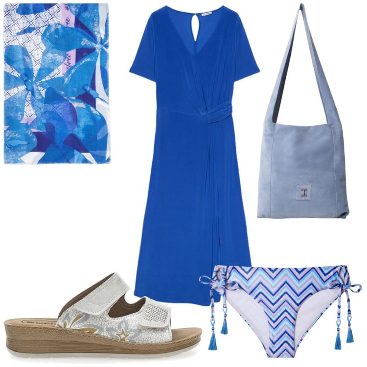 Outfit donna - Total look #2216645. Stile Trendy per Mare. Abbinamento con bikini, borse a tracolla, ciabatte, vestiti midi/longuette, stole.