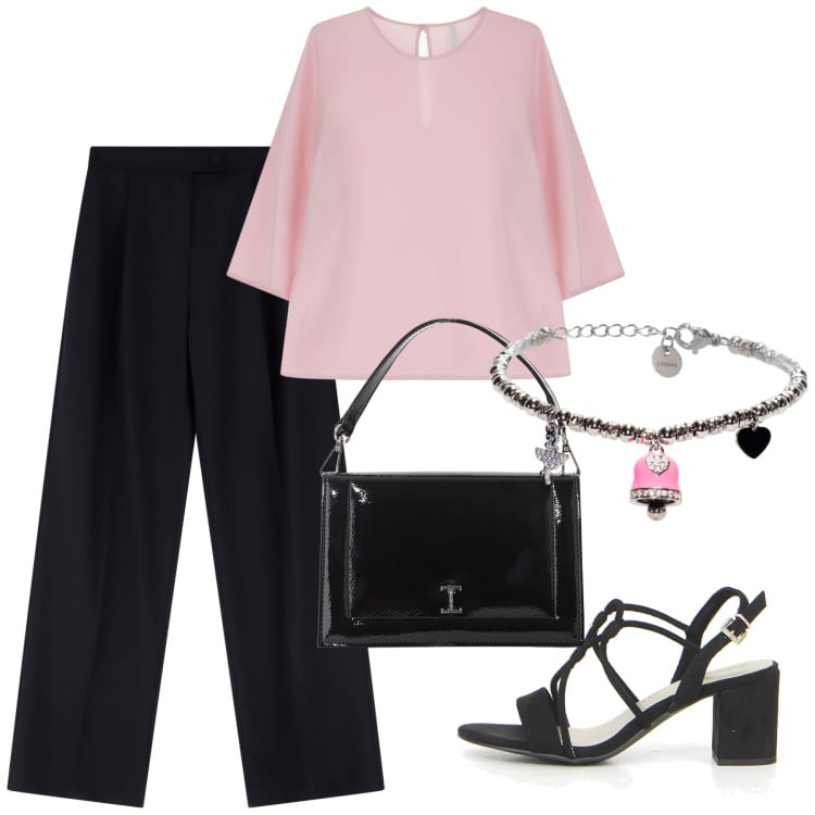 Outfit donna - Sandali in ufficio. Stile Minimal per Ufficio. Abbinamento con bluse, borse a tracolla, pantaloni a palazzo, braccialetti, sandali col tacco.