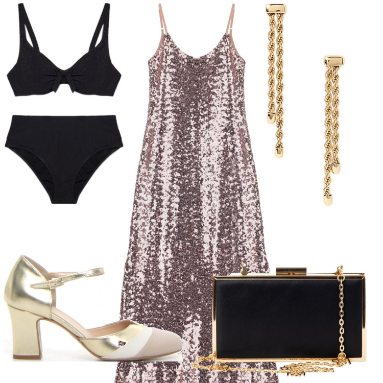 Outfit donna - Total look #2216648. Stile Glamour per Mare. Abbinamento con pochette, vestiti, orecchini, bikini, sandali col tacco.