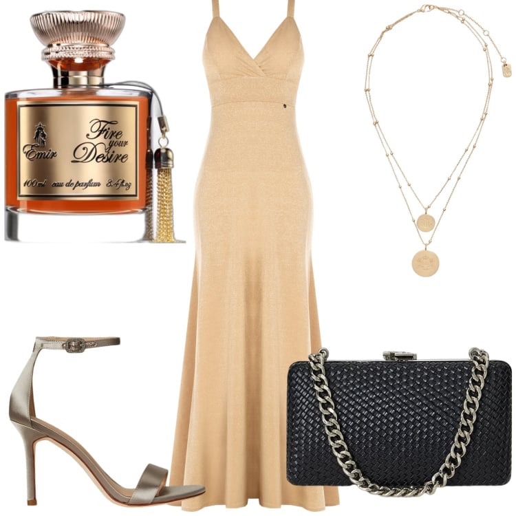 Outfit donna - Total look #2216649. Stile Glamour per Cerimonia. Abbinamento con profumi, vestiti lunghi, ciondoli, clutch, sandali col tacco.