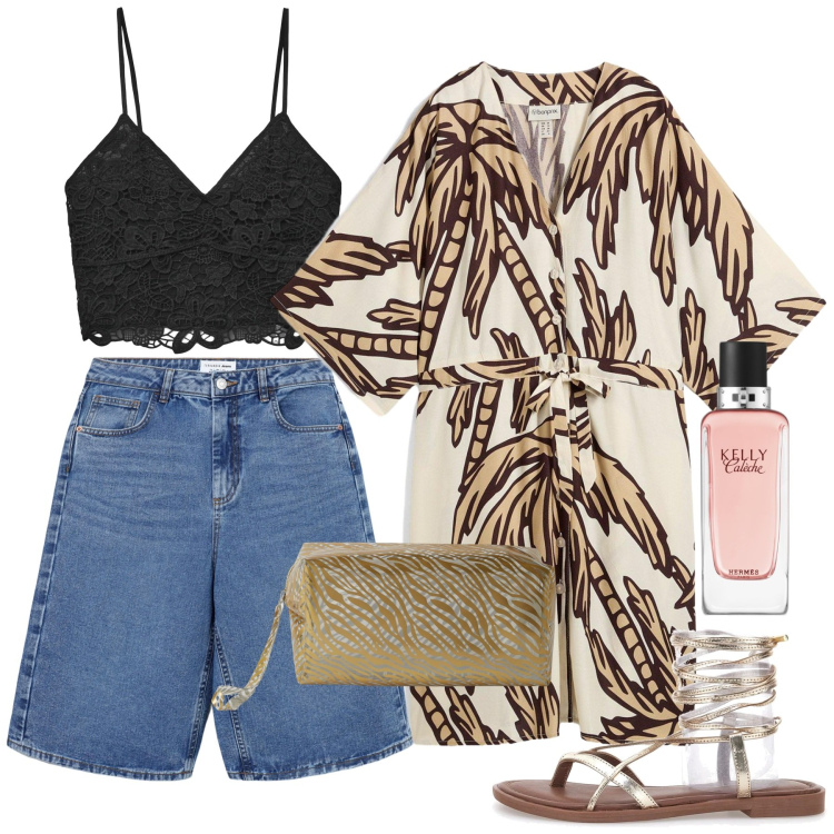 Outfit donna - Agosto. Stile Chic per Tutti i giorni. Abbinamento con vestiti corti, profumi, bermuda, top, pochette, sandali alla schiava.