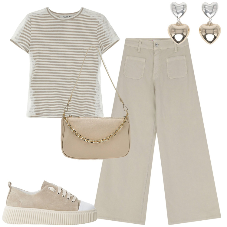 Outfit donna - City. Stile Casual chic per Tutti i giorni. Abbinamento con orecchini, t-shirt, pantaloni, sneakers, borse a tracolla.