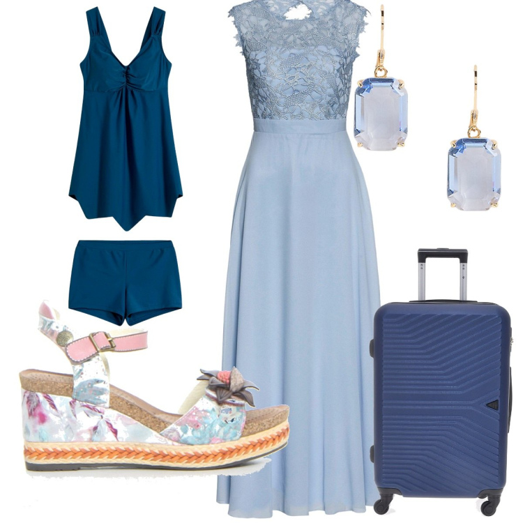 Outfit donna - Total look #2216660. Stile Romantica per Mare. Abbinamento con vestiti lunghi, costumi interi, orecchini, valigie, sandali.