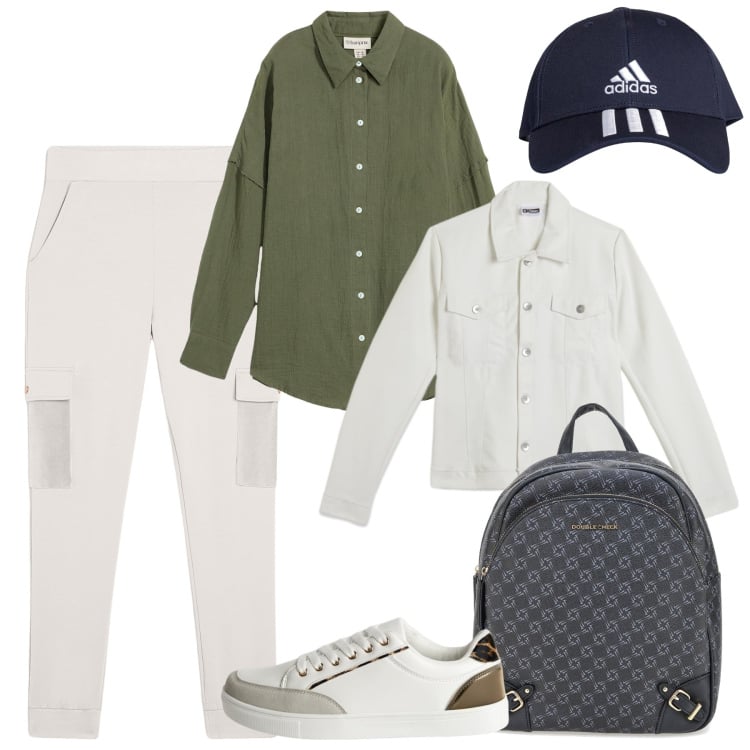 Outfit donna - In vacanza in montagna. Stile Sporty chic per Tutti i giorni. Abbinamento con camicie, sneakers, pantaloni cargo, giacche, zaini, cappelli.