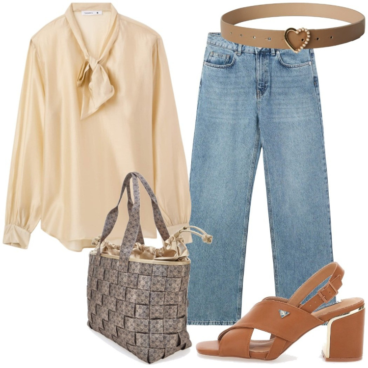 Outfit donna - Outfit ufficio. Stile Casual chic per Ufficio. Abbinamento con jeans, bluse, cinture, sandali col tacco, borse a spalla.
