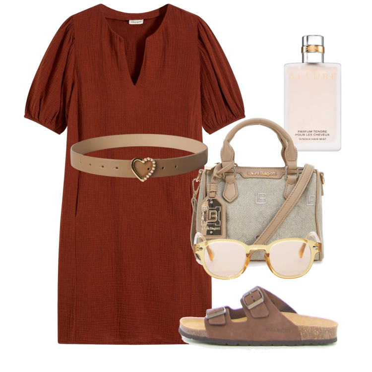 Outfit donna - Caramello bruciato. Stile Chic per Tutti i giorni. Abbinamento con vestiti corti, profumi, cinture, occhiali da sole, borse a tracolla, ciabatte.