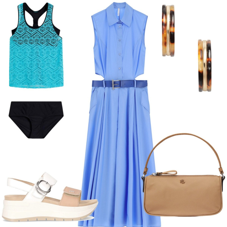 Outfit donna - Abito cut - out al mare. Stile Trendy per Mare. Abbinamento con costumi interi, vestiti senza maniche, orecchini, pochette, sandali.