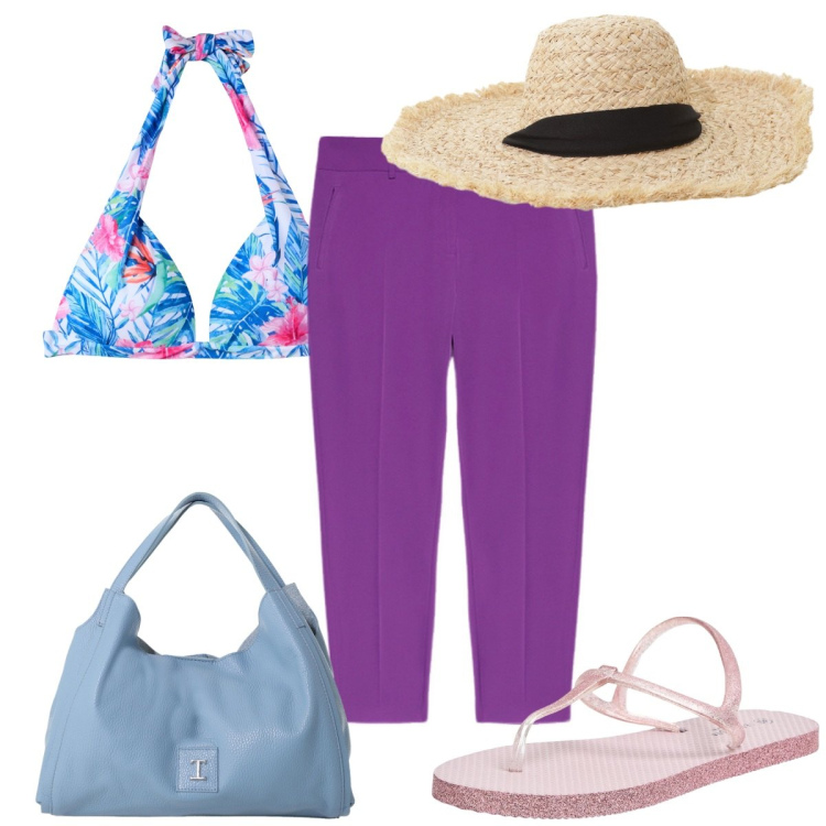 Outfit donna - Total look #2216668. Stile Trendy per Mare. Abbinamento con sandali, bikini, cappelli, pochette, pantaloni chino.